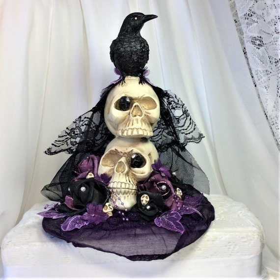 Gothic Wedding Topper Skulls And Roses Wedding Flower Centerpiece Plum Black Wedding Cake Topper Wedding Decor Reception Decor Home Decor