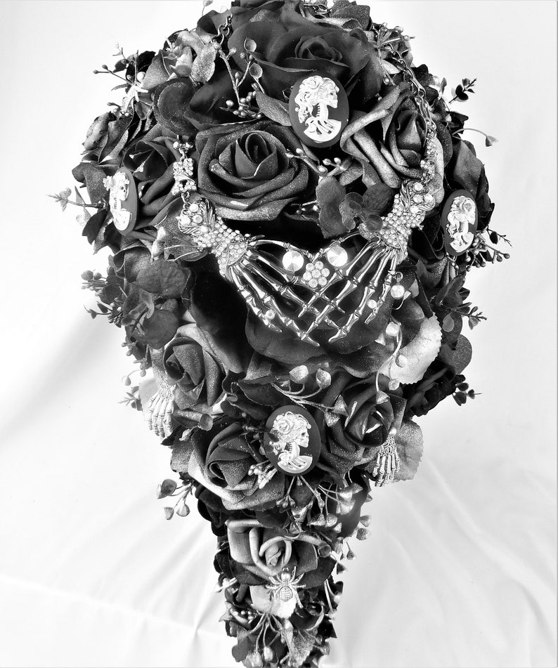 Dark Wedding Bouquet Flowers-Black-Silver Bouquet Bridal Cascade-Skulls & Roses Wedding Bouquet-Jewelry Bouquet-Gothic Bouquet Handmade image 4