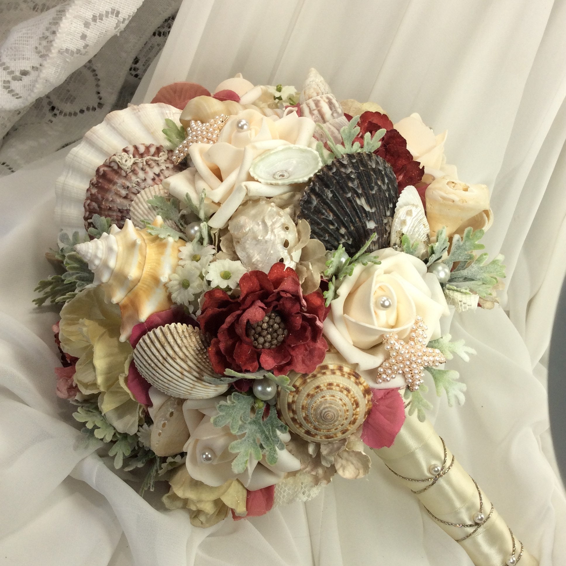 Rustic Beach Wedding Bridal Flower Bouquet Beach Wedding Flowers Brides Bouquet Ivory And Burgundy Bouquet Silk Flowers And Seashell Bouquet