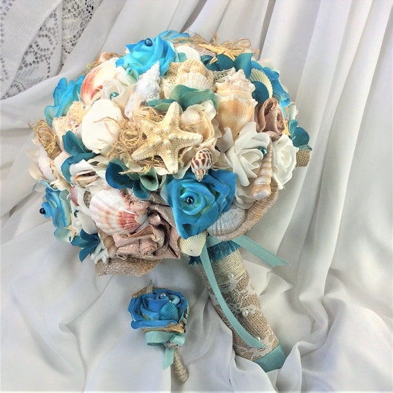 Boho Beach Bouquet Beach Wedding Bridal Flower Bouquet Brides Beach Flowers Aqua Turquoise Ivory Roses And Seashell Bouquet Beach Bridal