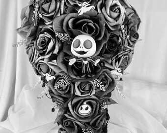 Jack Skellington Wedding Bridal Cascade Bouquet Black-Grey-Silver-White Bouquet-Fantasy-Halloween-Dark Flowers-Nightmare Bouquet-Disney Jack