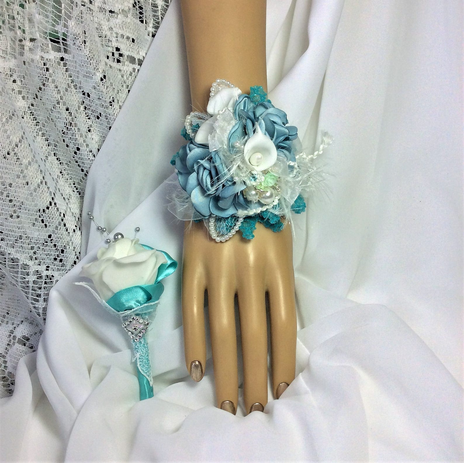 Aquatealblueturquoisesilk Flower Corsage Setprom Flowers Etsy