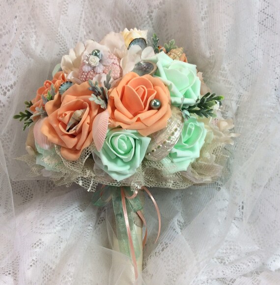 Ivory Peach Mint Wedding Beach Bridal Flower Bouquet Rustic Boho Bridal Bouquet Beach Wedding Seashell Bouquet Wedding Keepsake Bouquet