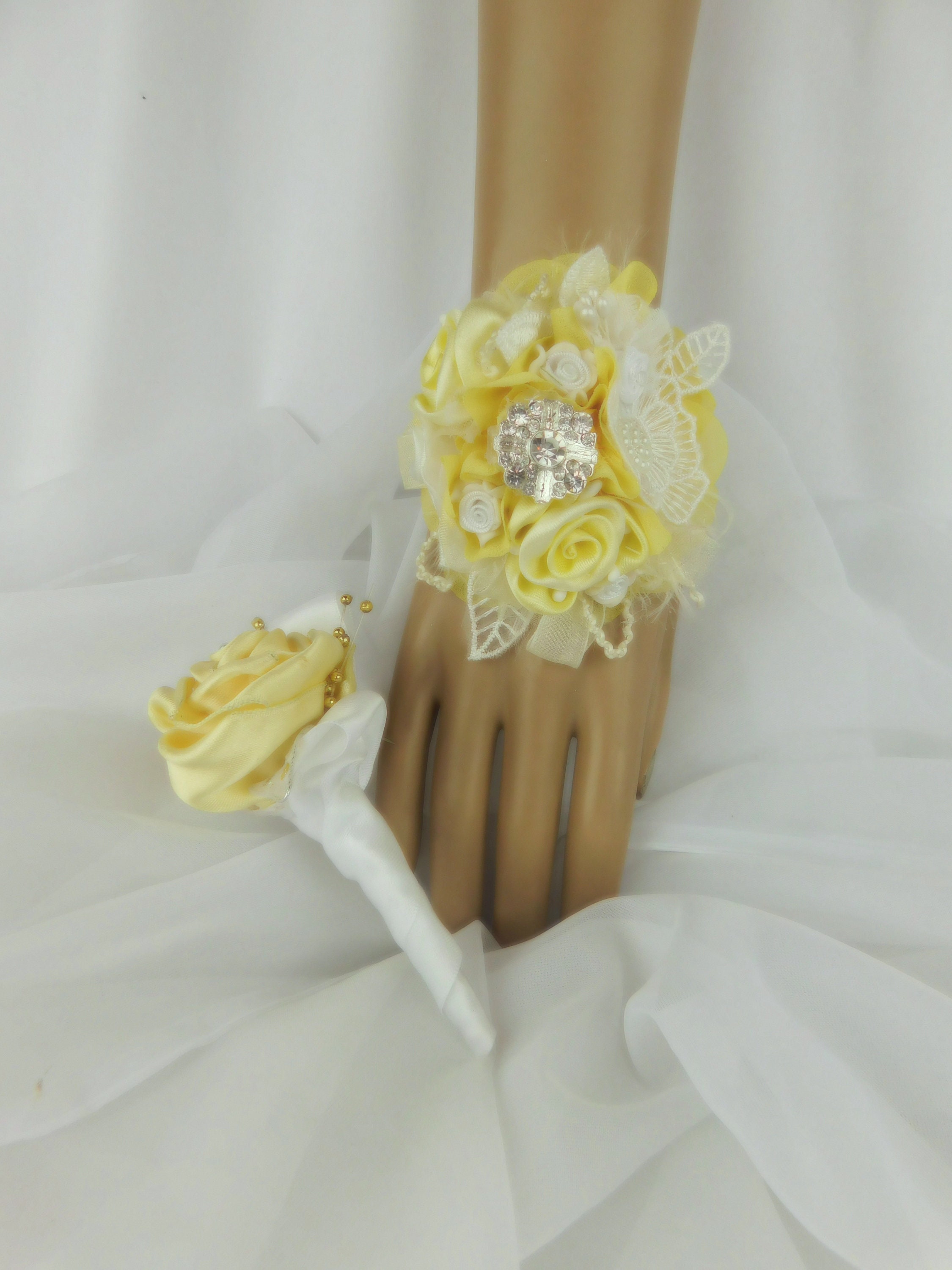 corsage for yellow prom dress Yellow and White Wrist Corsage & Boutonniere for Prom  Fresh Flowers   Marchello's Floral