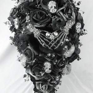 Dark Wedding Bouquet Flowers-Black-Silver Bouquet Bridal Cascade-Skulls & Roses Wedding Bouquet-Jewelry Bouquet-Gothic Bouquet Handmade image 1