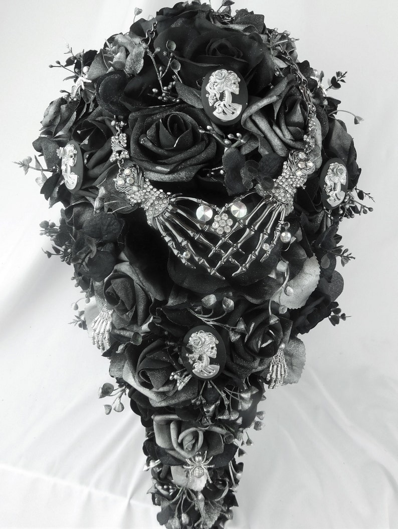 Dark Wedding Bouquet Flowers-Black-Silver Bouquet Bridal Cascade-Skulls & Roses Wedding Bouquet-Jewelry Bouquet-Gothic Bouquet Handmade image 1