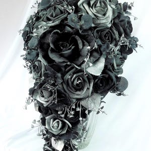 Gothic Wedding Bridal Cascade Bride Bouquet Flowers-Black/Silver/Gray Cascading Bouquet-Dark Wedding Bridal Bouquet-Fantasy Wedding Bride image 4