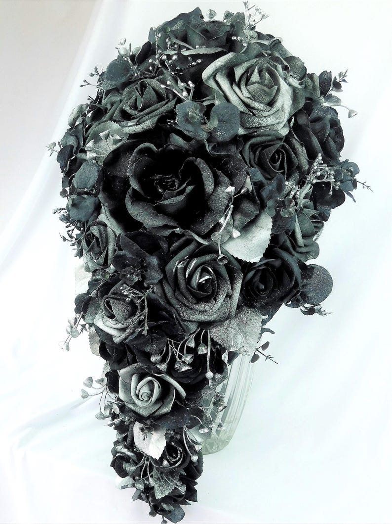 Gothic Wedding Bridal Cascade Bride Bouquet Flowers-Black/Silver/Gray Cascading Bouquet-Dark Wedding Bridal Bouquet-Fantasy Wedding Bride image 4