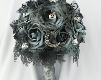 Wedding Bouquet Dark Wedding Flowers-Gray-Black-Silver-Bouquet-Fantasy Wedding-Bats-Moon-Skulls-Gothic Wedding Bridal-Bride Bouquet-Winter