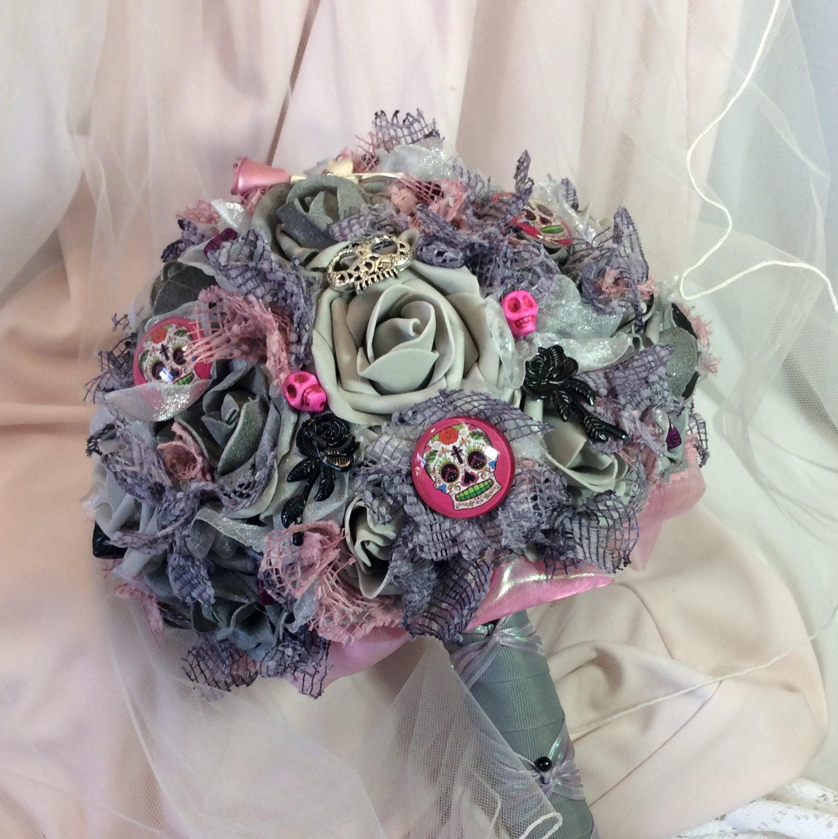 Gray Pink Black Skull Wedding Bridal Flower Bouquet Grey Pink Etsy