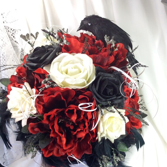 Rouge Et Noir Bouquet Gothique Fleur De Mariée Bouquet Fleurs Fleurs De Mariage Sombre Sœur Trônes De Mariage Fantasy Crow Mariage