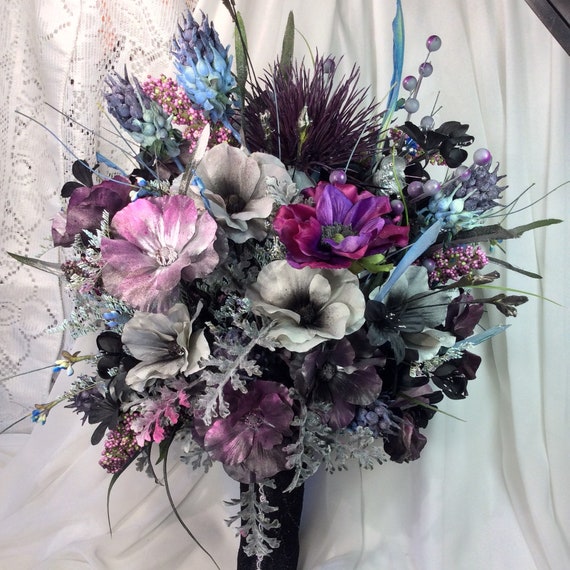 Gothic Boho Wedding Flowers Black Gray Blue Purple Bouquet Etsy