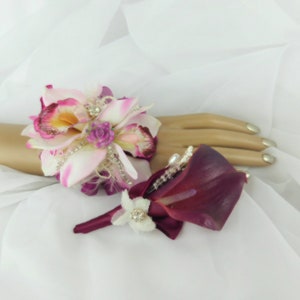 Orchid Fuchsia Prom Flowers Wrist Corsage-Prom Date Flowers- Elegant Corsage with Jewelry-Purple-White Wedding-Bridal-Bride-Set Available