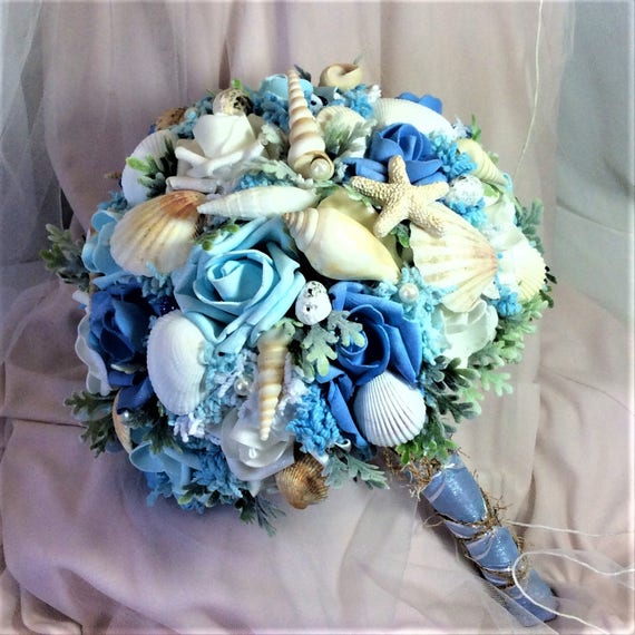 Seashell Beach Wedding Bouquet Blue Ivory Bridal Beach Wedding Etsy