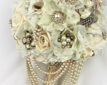 Handmade Bouquet- Quinceanera Bouquet-Brooch Bouquet-Ivory Bouquet Flowers-Elegant Bouquet-Wedding Bridal Bouquet Flowers-Pearl Cascade-OOAK