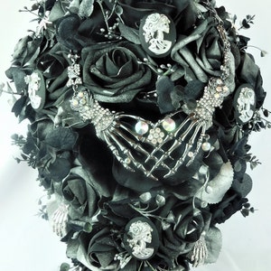 Dark Wedding Bouquet Flowers-Black-Silver Bouquet Bridal Cascade-Skulls & Roses Wedding Bouquet-Jewelry Bouquet-Gothic Bouquet Handmade image 2