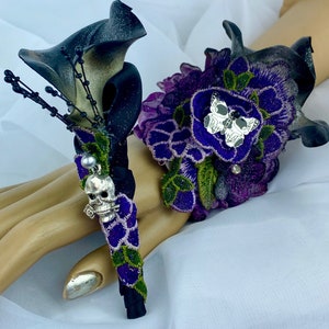Gothic Wrist Corsage-Black-Purple-Flowers Dark Corsage-Gothic Skull Corsage-Calla Lilies-Goth Jewelry-Halloween Wedding-Witch-SET AVAILABLE