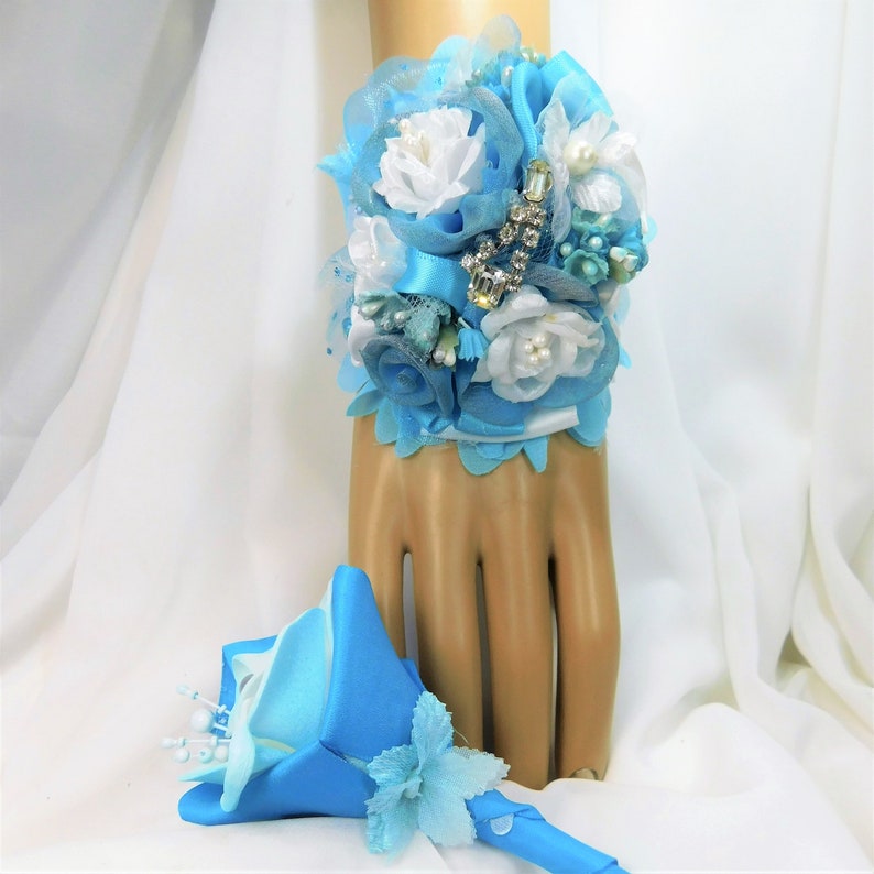 White and Blue Flowers Silk Corsage and Boutonniere Set-Prom Corsage Flowers-Prom Accessories-Brooch Corsage Bracelet-Wedding Bridal Set