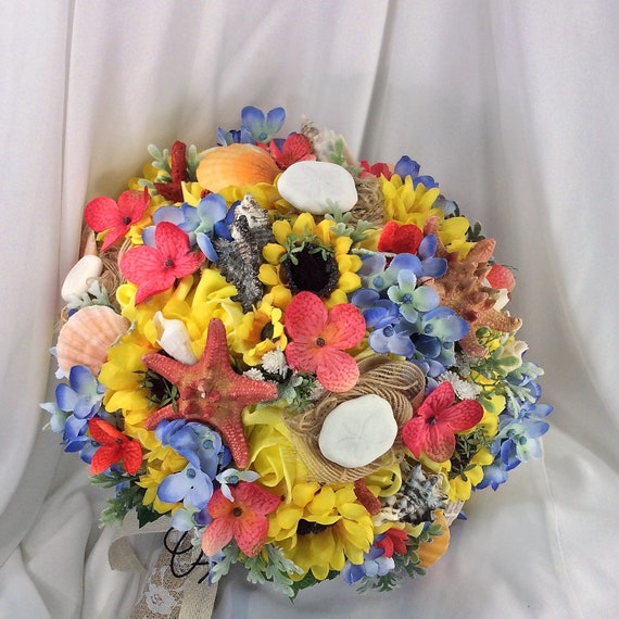 Colorful Rustic Beach Wedding Bridal Bouquet Silk Wedding Flowers And Seashell Bouquet Boho Bridal Beach Sunflower Wedding Blue Coral Yellow