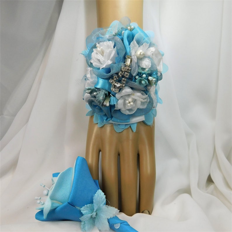 White and Blue Flowers Silk Corsage and Boutonniere Set-Prom Corsage Flowers-Prom Accessories-Brooch Corsage Bracelet-Wedding Bridal Set