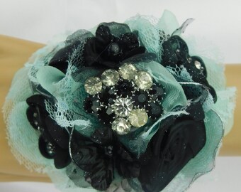 Black & Aqua Prom Corsage Set, Rhinestone Brooch Corsage, Prom Spa and Black Flowers-Black and peacock corsage Set