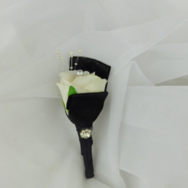 White Rose Boutonniere-Silver Satin Wrap Black Accents Mans Flower-Gothic Wedding Boutonniere-Grooms Flower-Lapel- Man's Accessories-Fantasy