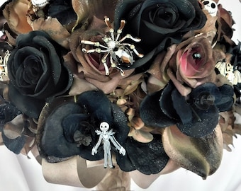 Jack Skellington Wedding Bridal Bouquet-Dark Bouquet Flowers-Black-Almond-Blush Bouquet-Gothic-Elegant-Wedding Bouquet with Jeweled Spiders