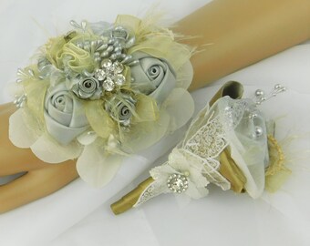 Silver-Gold-Ivory Corsage and Boutonniere Set-Elegant Corsage Ivory Flowers Prom Wrist Corsage Set-Silver and Gold Corsage Set-Ready to Ship