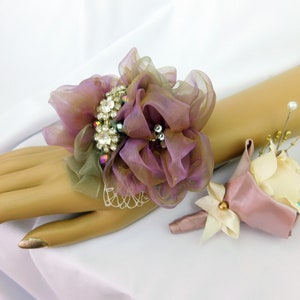 Dusk-Mauve & Sage Flowers Silk Corsage-Mauve Prom Corsage Bracelet-Jewelry Corsage-Elegant Prom Flowers-Wrist Corsage-Wedding-Set Available