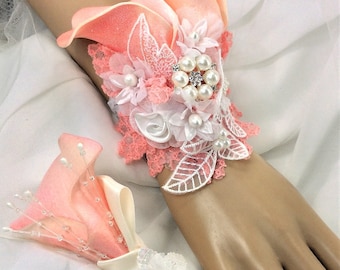 Melon Pink Coral Corsage Set-Melon Peach Prom Flowers-Melon Bridal Corsage-Melon Calla Lily Corsage Set-Elegant Coral Melon Corsage Set