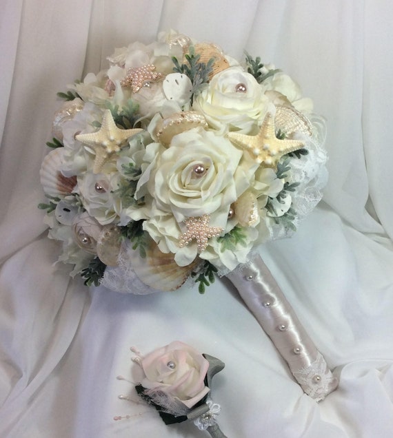 Beach Wedding Bridal Flower Bouquet Ivory Blush Pink Beach Wedding Bouquet Seashell And Starfish Wedding Bridal Brooch Bouquet Boho Bridal