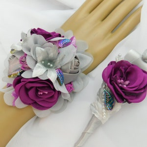 Raspberry-Silver-Gray Corsage Wrist Flowers-Magenta Corsage-Elegant Corsage Set-Prom Flowers Corsage Set-Wedding Corsage Set-Quince--Formal