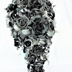 Gothic Wedding Bridal Cascade Bride Bouquet Flowers-Black/Silver/Gray Cascading Bouquet-Dark Wedding Bridal Bouquet-Fantasy Wedding Bride image 3