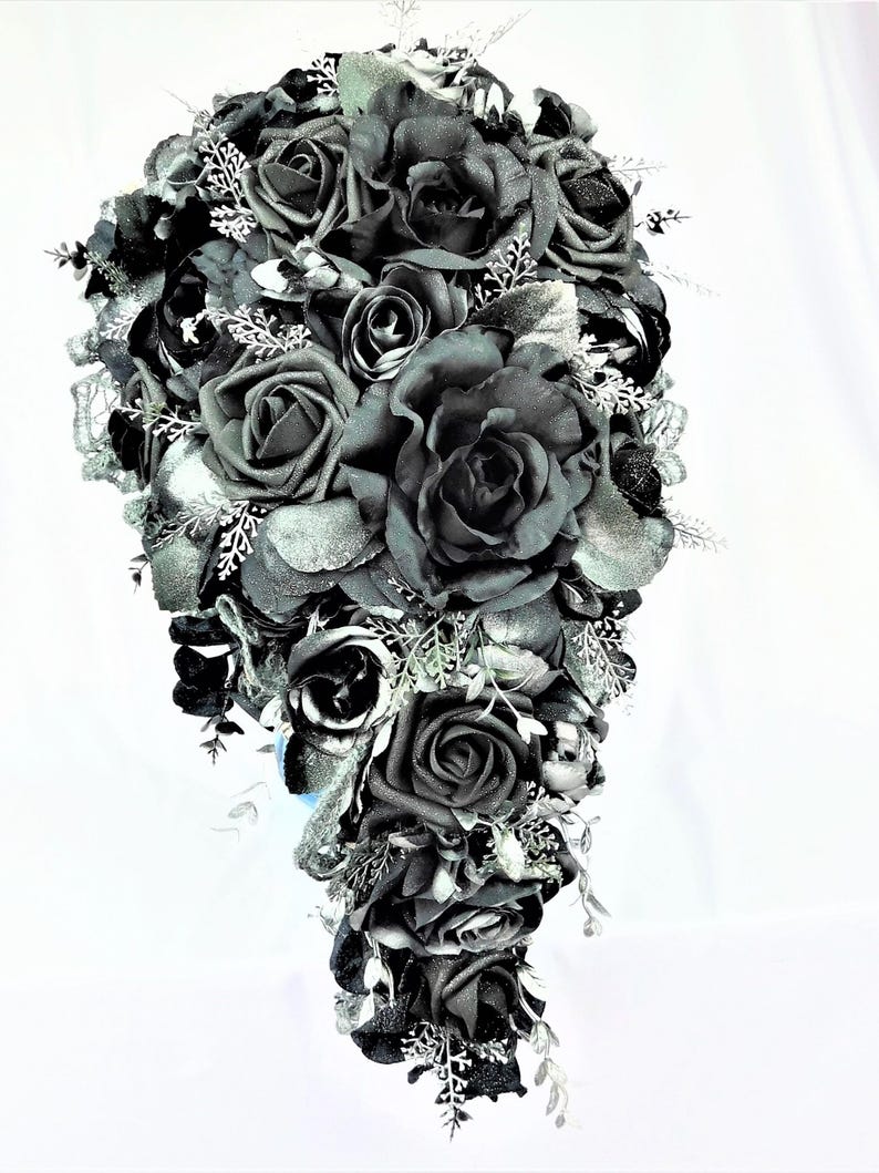 Gothic Wedding Bridal Cascade Bride Bouquet Flowers-Black/Silver/Gray Cascading Bouquet-Dark Wedding Bridal Bouquet-Fantasy Wedding Bride image 3