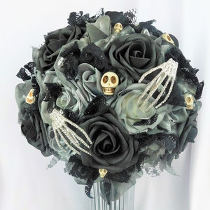 Skull Black-Grey Bouquet-Rhinestone Jewelry Bouquet-Dark Gothic Wedding-Dark Bride Flowers-Dark Moody-Grunge-Wedding Bouquet-Halloween-Home