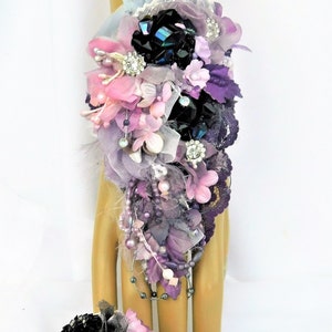 Black Purple Elegant Corsage-Wrist to Fingertip Corsage-Black-Purple-Corsage Flowers-Purple Black Prom Flowers-Cuff Corsage-Set Available