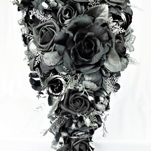 Gothic Wedding Bridal Cascade Bride Bouquet Flowers-Black/Silver/Gray Cascading Bouquet-Dark Wedding Bridal Bouquet-Fantasy Wedding Bride image 2
