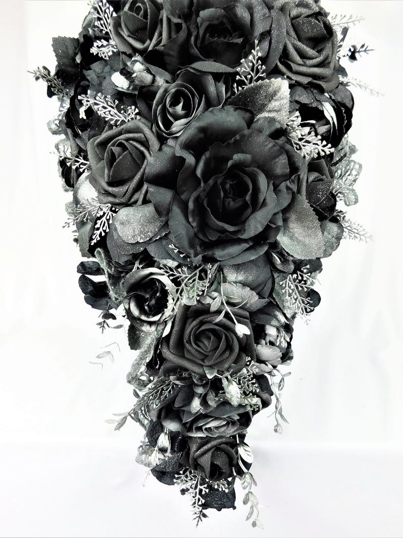 Gothic Wedding Bridal Cascade Bride Bouquet Flowers-Black/Silver/Gray Cascading Bouquet-Dark Wedding Bridal Bouquet-Fantasy Wedding Bride image 2