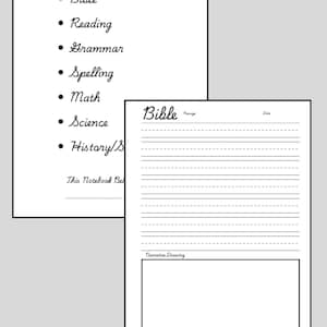 May include: Two-page spread of a notebook with a white background. The left page lists subjects: Bible, Reading, Grammar, Spelling, Math, Science, and History/Social Studies. The right page is labeled "Bible" with lines for writing and a space for a narrative drawing.
