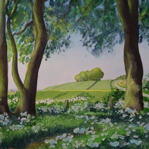 May include: Watercolour painting of a woodland scene. Brown tree trunks frame a view of a green hill with a winding path. White wildflowers are in the foreground, and the sky is a soft blue.