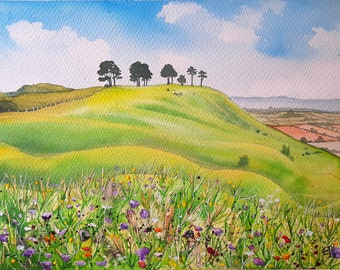 A Summer's Day on Roundway Down, A4 print from an original watercolour, wall art, Wiltshire, downs