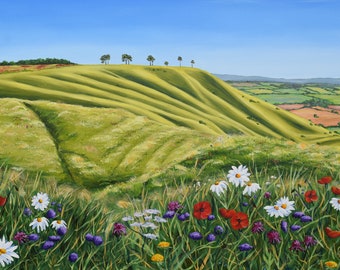 Roundway Down with Meadow Flowers 2, acrylic painting, A4 print, wiltshire, landscape