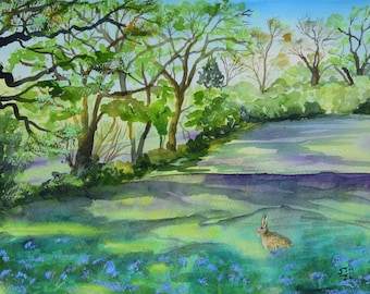 Hare in the Bluebells, wall art, framed picture, original watercolour, A4