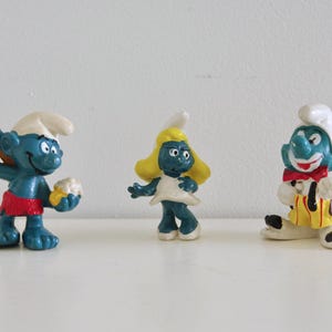 1970s Schleich Peyo Smurf Figurines: Shower Smurf, Smurfette, Clown Smurf | Made in Hong Kong