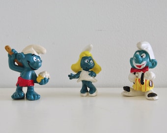 1970s Schleich Peyo Smurf Figurines: Shower Smurf, Smurfette, Clown Smurf | Made in Hong Kong
