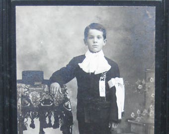 Antique Cabinet Card of Young Boy's Communion Photo, Silver Gelatin Print