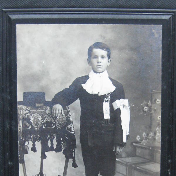 Antique Cabinet Card of Young Boy's Communion Photo, Silver Gelatin Print