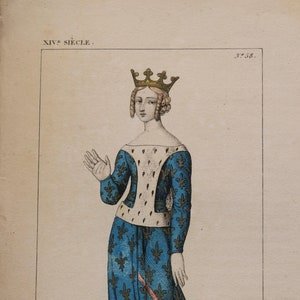 Hand-Colored Engraving of Jeanne de Bourbon by Léopold Massard, from 1834 Publication &quot;Le Costumes Français depuis Clovis&quot;