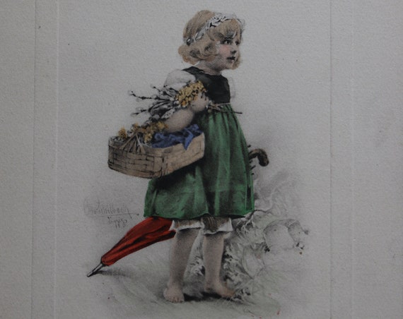 Antique German Postcard of Girl with Flower Basket and Umbrella