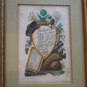 Antique Framed French Engraving, Map of Aisne, Drawn by A.M. Perrot and Engraved by Blanchard